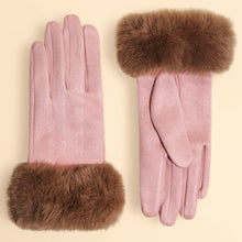 Load image into Gallery viewer, Pair of blush pink gloves with soft brown faux fur cuffs flat against a neutral background. The gloves have a smooth, suede-like finish and a two-tone design.