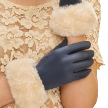 Load image into Gallery viewer, Person wearing navy gloves with soft cream faux fur cuffs, gently posed against a cream lace dress.