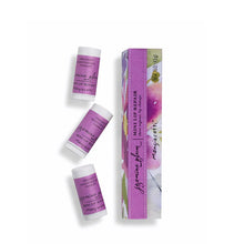 Load image into Gallery viewer, A set of three mini lip repair products displayed alongside their packaging box. The packaging has an organic design purple colors. On a white background.