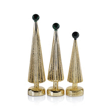 Load image into Gallery viewer, Three gold-finish cone trees with vertical ribbed texture, each topped with a glossy dark green finial, displayed side by side on a white background.