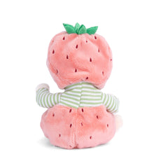 Load image into Gallery viewer, Back of strawberry themed plushie on a white background.