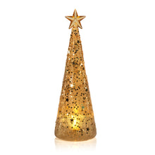 Load image into Gallery viewer, Large sized gold glitter cone tree with a star topper, illuminated from within by a twinkling LED light, displayed against a white background.