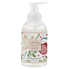 Load image into Gallery viewer, Front view of Mangiacotti "Winter Berry" Foaming Hand Wash in a clear plastic pump bottle with a botanical holiday label featuring a dove, pomegranate, and green foliage, displayed against a white background.