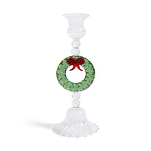 Load image into Gallery viewer, Clear glass taper candle holder featuring a green glass wreath with a red bow, displayed against a white background.