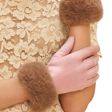 Load image into Gallery viewer, Person wearing blush pink gloves with brown faux fur cuffs, posed against a cream lace dress.
