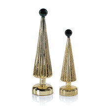 Load image into Gallery viewer, Two gold-finish ribbed cone trees in two sizes, each topped with a glossy dark green finial displayed on a white background.