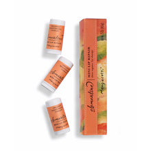 Load image into Gallery viewer, A set of three mini lip repair products displayed alongside their packaging box. The packaging has an organic design with peach colors. On a white background.