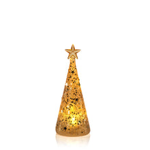 Load image into Gallery viewer, Medium sized gold glitter cone tree with a star topper, illuminated from within by a LED light, displayed against a white background.