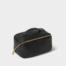 Load image into Gallery viewer, A black makeup bag with a gold zipper and a small handle, displayed against a white background.
