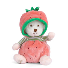 Load image into Gallery viewer, A plush toy bear with a hood designed to look like a strawberry. The bear is white with a green and pink details on its clothes, on a white background.