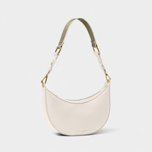 Load image into Gallery viewer, A white small shoulder bag in a crescent shape, in front of a white background.