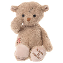 Load image into Gallery viewer, A light brown plushie bear with a patchwork design on its body and the text "Nobody's Perfect" printed on its foot, on a white background.