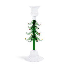 Load image into Gallery viewer, Single clear and green glass taper candle holder shaped like a Christmas tree with layered curled glass branches and tiny red and yellow accents, displayed against a white background.
