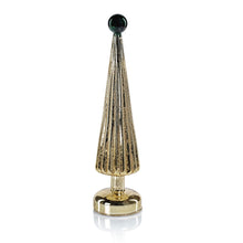 Load image into Gallery viewer, A ribbed gold-finished cone tree with a glossy dark green finial on top displayed on a white background.