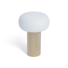 Load image into Gallery viewer, Rechargeable table lamp with a frosted oval shade and textured gold-finish cylindrical base displayed on a white background.