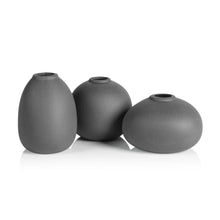 Load image into Gallery viewer, Three charcoal  ceramic vases of varying sizes on a white background.