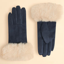 Load image into Gallery viewer, Pair of navy gloves with soft cream faux fur cuffs displayed flat against a neutral background. The gloves have a smooth, suede-like finish and a two-tone design.