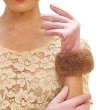 Load image into Gallery viewer, Person wearing blush pink gloves with soft brown faux fur cuffs, posing one hand against the other on a cream lace dress.