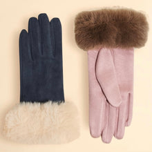 Load image into Gallery viewer, Two individual gloves displayed flat against a neutral background, one navy glove with a cream faux fur cuff and one plush pink glove with a brown faux fur cuff, each with a smooth, suede-like finish and a two-tone design.