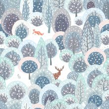 Load image into Gallery viewer, Winter-themed lunch napkin featuring a snowy woodland scene with a red fox, brown deer, and a gray rabbit among stylized blue, lavender, and gray snow-covered trees.