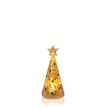 Load image into Gallery viewer, Small gold glitter cone tree with a star topper, illuminated from within by twinkling LED lights, displayed against a white background.