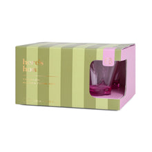 Load image into Gallery viewer, A set of four purple tinted plastic tumblers in a striped green packaging box with the text "heres how", on a white background.