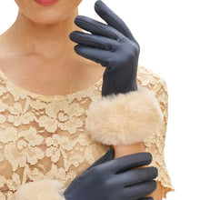 Load image into Gallery viewer, Person wearing navy gloves with soft cream faux fur cuffs, posing one hand against the other on a cream lace dress.