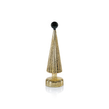 Load image into Gallery viewer, Small ribbed gold-finished cone tree with a glossy dark green finial displayed on a white background.