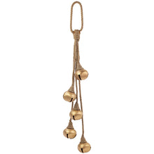 Load image into Gallery viewer, Five gold-colored metal jingle bells wrapped in jute twine with a looped end, hanging in staggered lengths against a white background.