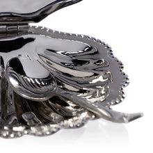Load image into Gallery viewer, Close-up view of the polished nickel fan shell lidded bowl showing the beaded rim, curved hinge, and matching spoon, displayed against a light background.