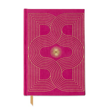 Load image into Gallery viewer, Journal covered in book cloth with a yellow ribbon bookmark. Journal is hot pink with gold foil designs. On a white background.