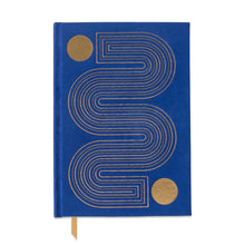 Load image into Gallery viewer, Journal covered with book cloth and a gold ribbon bookmark. Journal is blue with gold foil designs. On a white background.