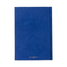 Load image into Gallery viewer, Back cover of a blue journal. Journal is wrapped with book cloth. Against a white background.