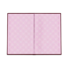 Load image into Gallery viewer, Red colored journal opened to pages with a red and white checkered design. Against a white background.