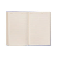 Load image into Gallery viewer, Opened blue journal with ivory -colored pages.  Brown lines and  "SUBJECT" and "DATE" text at the top of the ivory- colored  pages. Against a white background.