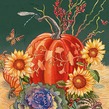 Load image into Gallery viewer, Harvest- themed illustration with a black and tan background. Theme includes an orange pumpkin with a dragonfly perched on the stem, a green and purple cabbage, red berries, yellow sunflowers, and orange and red butterflies.