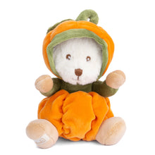 Load image into Gallery viewer, White plush bear with cream-colored hands and feet, dressed in a soft orange pumpkin costume with a green center and a green-and-orange hood featuring a green steam and leaf detail. Bear is sitting against a white background. 