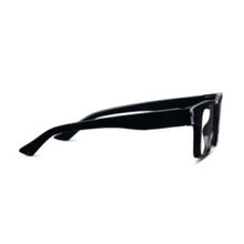 Load image into Gallery viewer, Side view of black chunky square reading glasses displayed on a white background. 