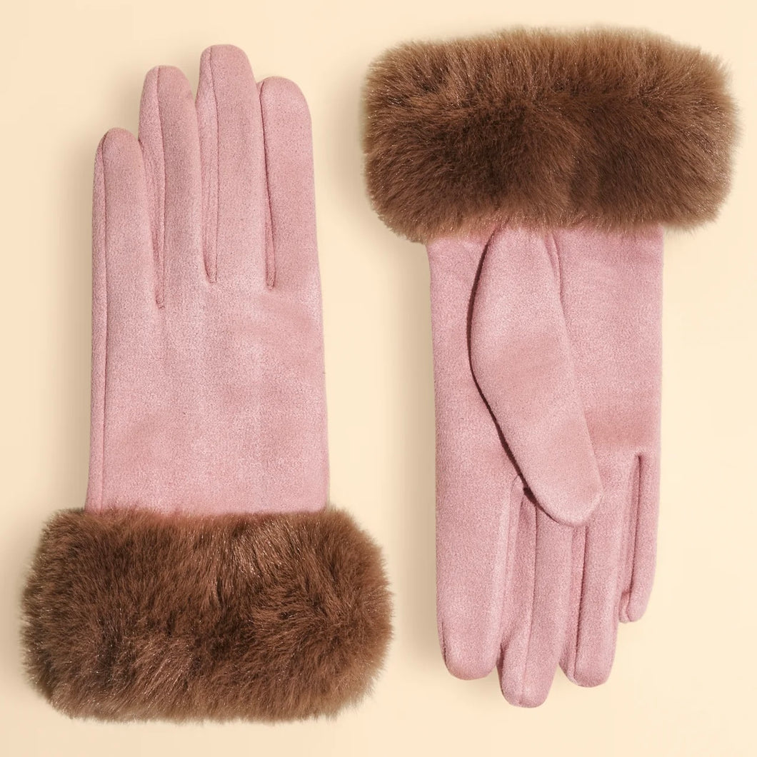 Pair of blush pink gloves with soft brown faux fur cuffs flat against a neutral background. The gloves have a smooth, suede-like finish and a two-tone design.