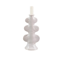 Load image into Gallery viewer, White ceramic taper candle holder with an embossed design. White unlit candle in holder.  On a white background. 
