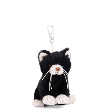 Load image into Gallery viewer, Black and white plush cat with a silver clasp displayed on a white background.