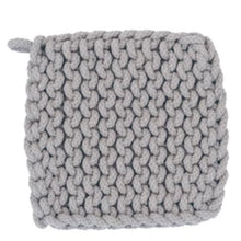 Load image into Gallery viewer, A square gray crocheted potholder with a hanging loop in the upper left corner on a white background. 