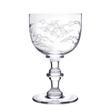 Load image into Gallery viewer, Stemmed goblet with etched leaves. White background. 