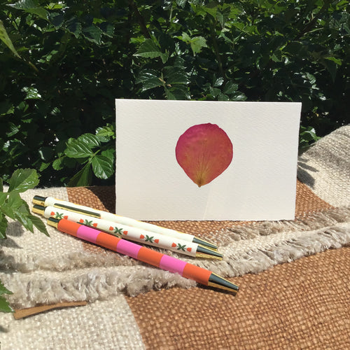 A white greeting card with a pink flower petal and three various color ink pens displayed on a beige and white blanket with a natural outdoor setting.