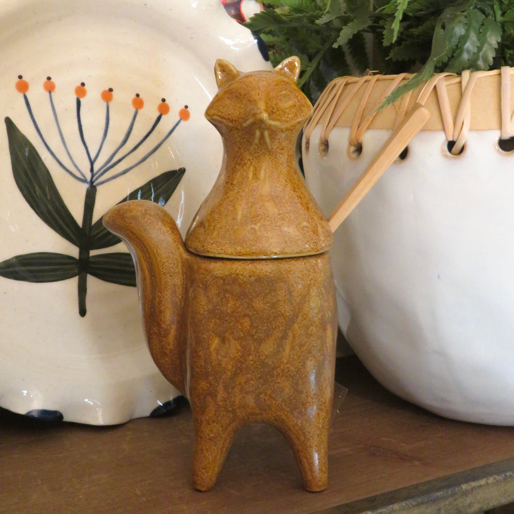 Stoneware Fox Shaped Jar with Lid & Spoon