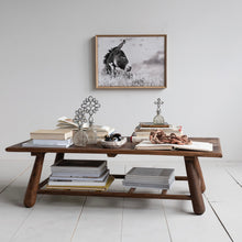 Load image into Gallery viewer, Wooden coffee table with decorative items and books ,and a framed picture of a donkey on a light gray wall.