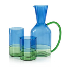 Load image into Gallery viewer, Blue and green glassware set including a carafe and two glasses on a white background.