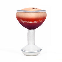 Load image into Gallery viewer, Plush martini-glass dog toy with a red-to-cream gradient bowl, silver rim, white stem, and embroidered "Espawsso Mutinni" text in white, shown on a white background. 
