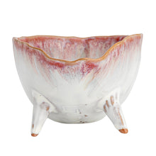 Load image into Gallery viewer, Front view of red and white ceramic glazed  bowl with feet on a white background.