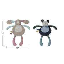 Load image into Gallery viewer, Two plush toys, one rabbit and one bear, with measurements  15&quot;x 9.5&quot; on a white background